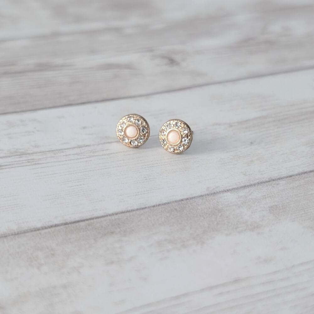 Gold Tone Clear Gem with Cream Center Stud Earrings - Small 3/8"